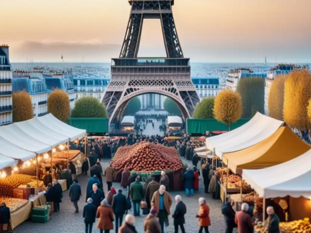 Mercado animado de festival de castañas en París con la Torre Eiffel al fondo, evocando celebración otoñal y comunidad