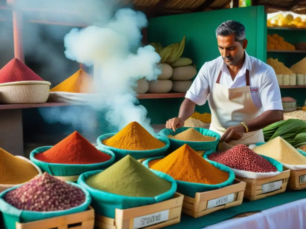 Mercado animado en Martinica con sabores exóticos y la influencia culinaria india reflejada en especias coloridas en cestas de mimbre