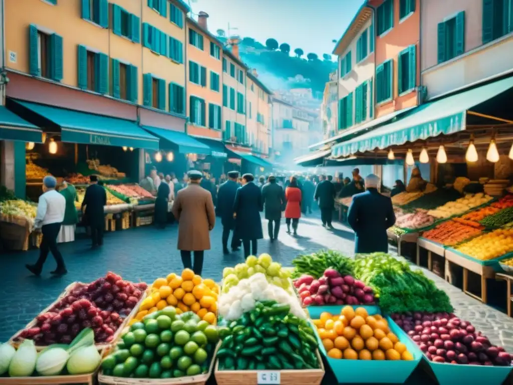 Mercado animado en Niza, Francia, con puestos de comida colorida y un chef seleccionando ingredientes para una receta auténtica Salade Niçoise