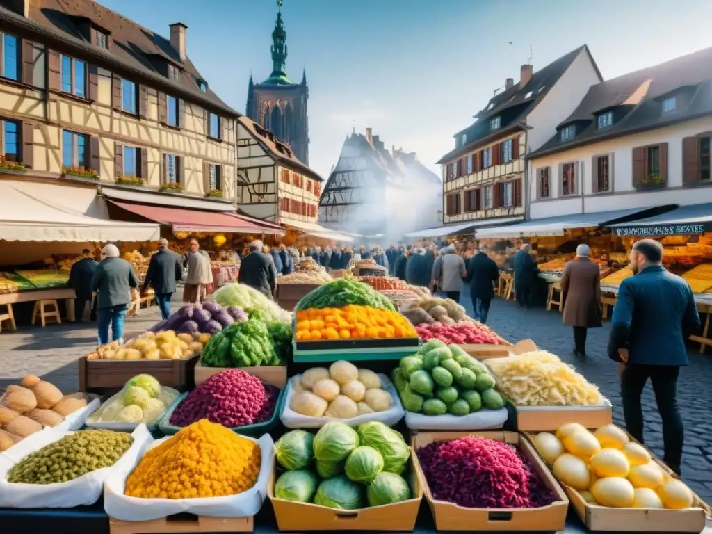 Un mercado animado en Estrasburgo, Francia, muestra una variedad de recetas chucrut