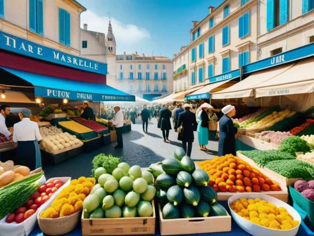 Un mercado bullicioso en Marsella, Francia, muestra la auténtica cocina francesa entre productos frescos y colores vibrantes