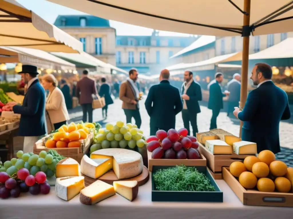 Un mercado bullicioso en Bordeaux con productos frescos, quesos artesanales y vinos locales