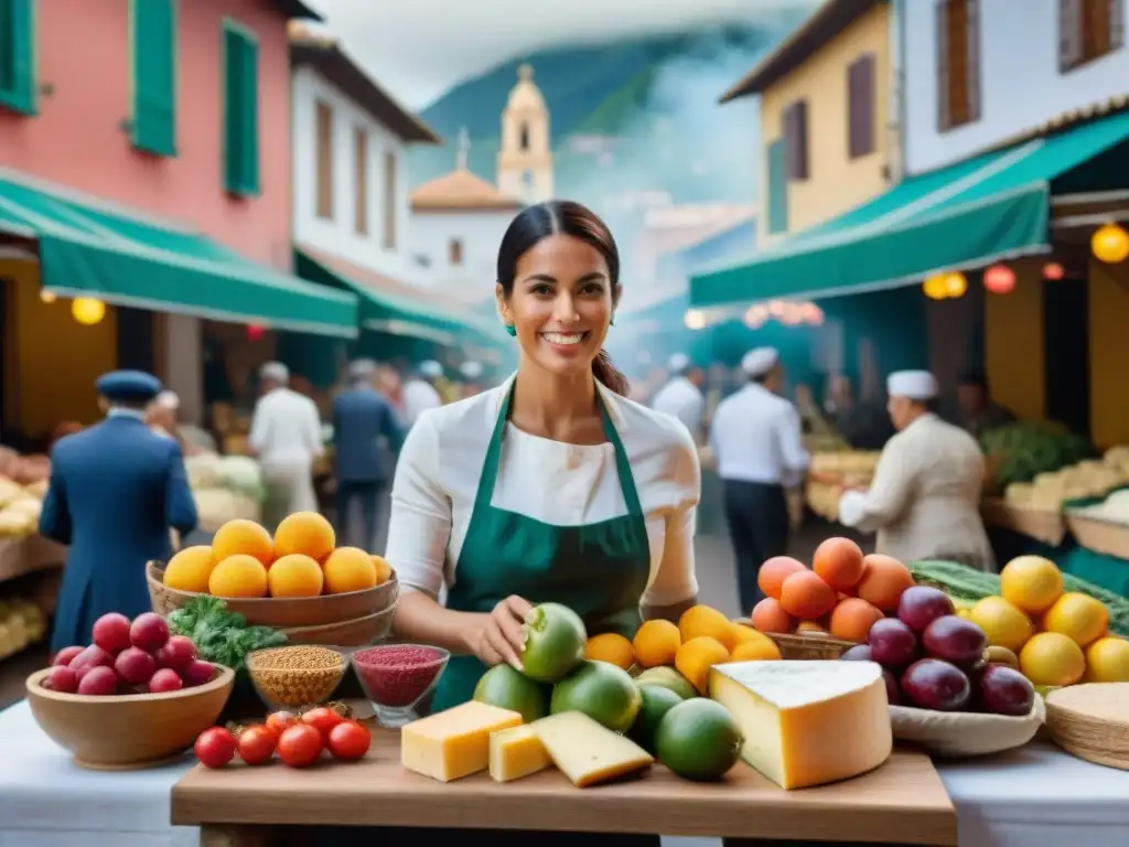 Un mercado bullicioso en una ciudad sudamericana con productos franceses en otras culturas