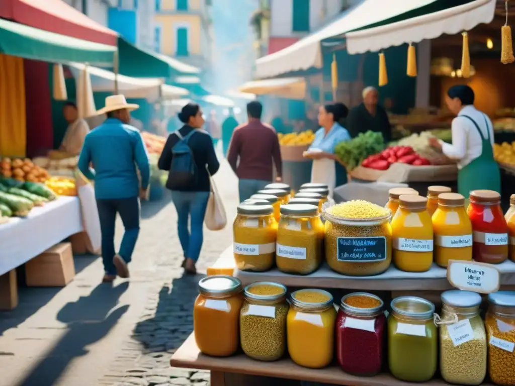 Un mercado bullicioso en una ciudad sudamericana muestra productos franceses en otras culturas