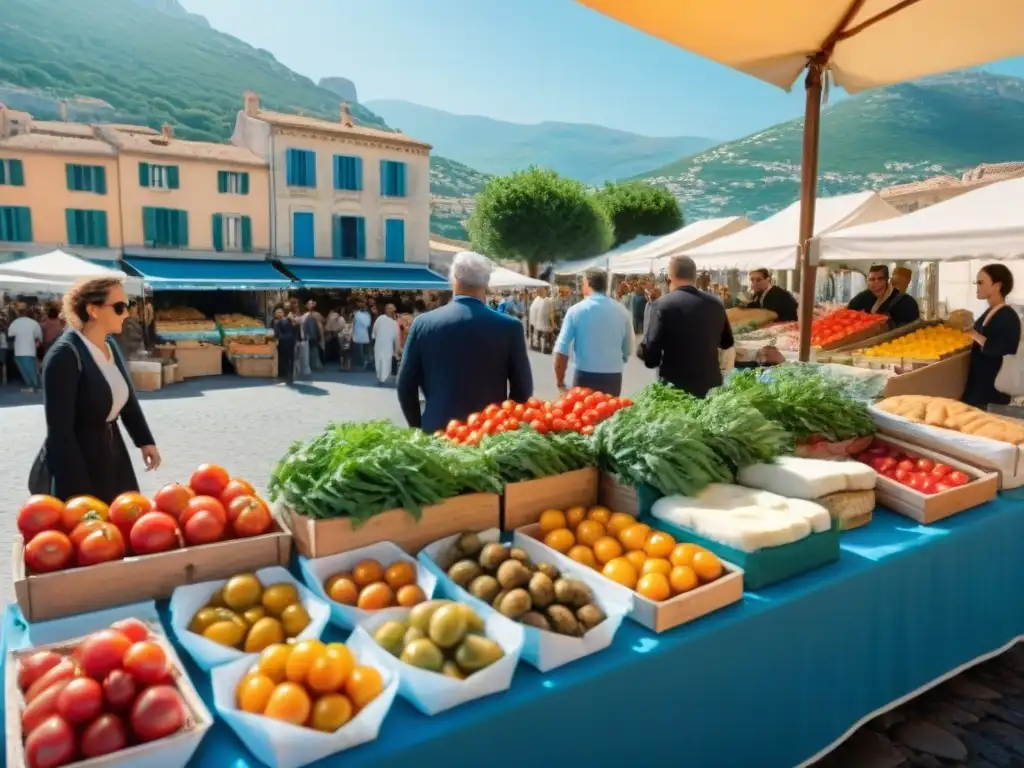 Mercado bullicioso en Córcega: colores, sabores y tradición Un mercado bullicioso en Córcega con sabores únicos gastronomía corsica: tomates hermosos, hierbas fragantes, quesos artesanales y pan recién horneado