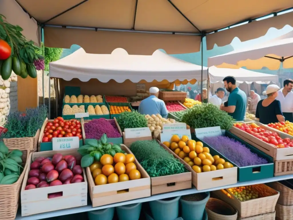 Mercado Provenzal: Colores y Sabores del Mediterráneo Un mercado bullicioso en un encantador pueblo provenzal, rebosante de ingredientes frescos y vibrantes propios de la cocina mediterránea francesa tradicional