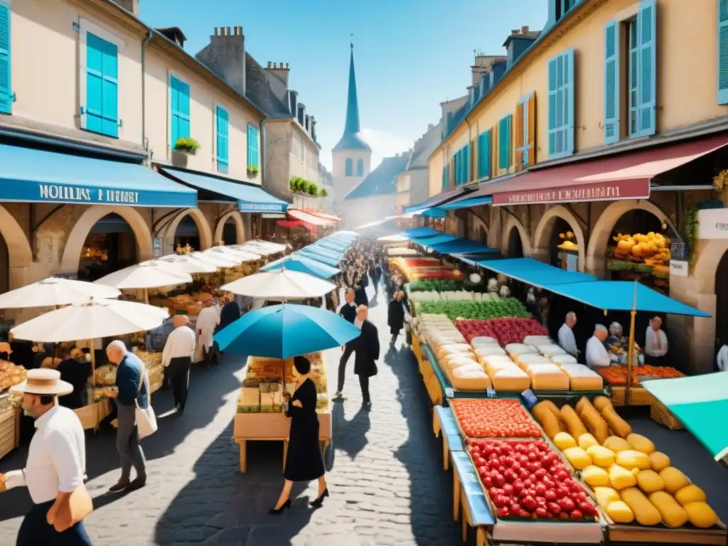 Un mercado bullicioso en un festival gastronómico en Francia con puestos de productos frescos y coloridas banderas francesas