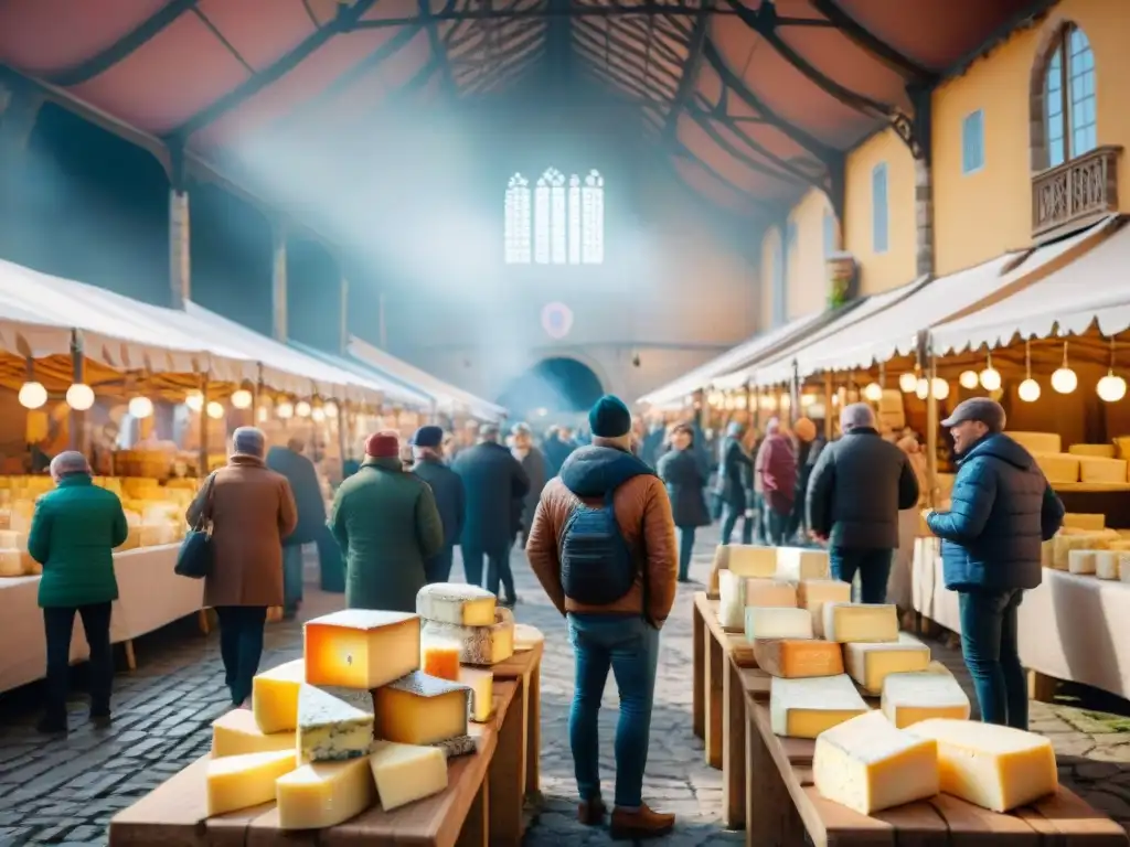 Mercado bullicioso en el Festival Quesos Normandía, con puestos coloridos y degustaciones, en un ambiente auténtico de gastronomía francesa