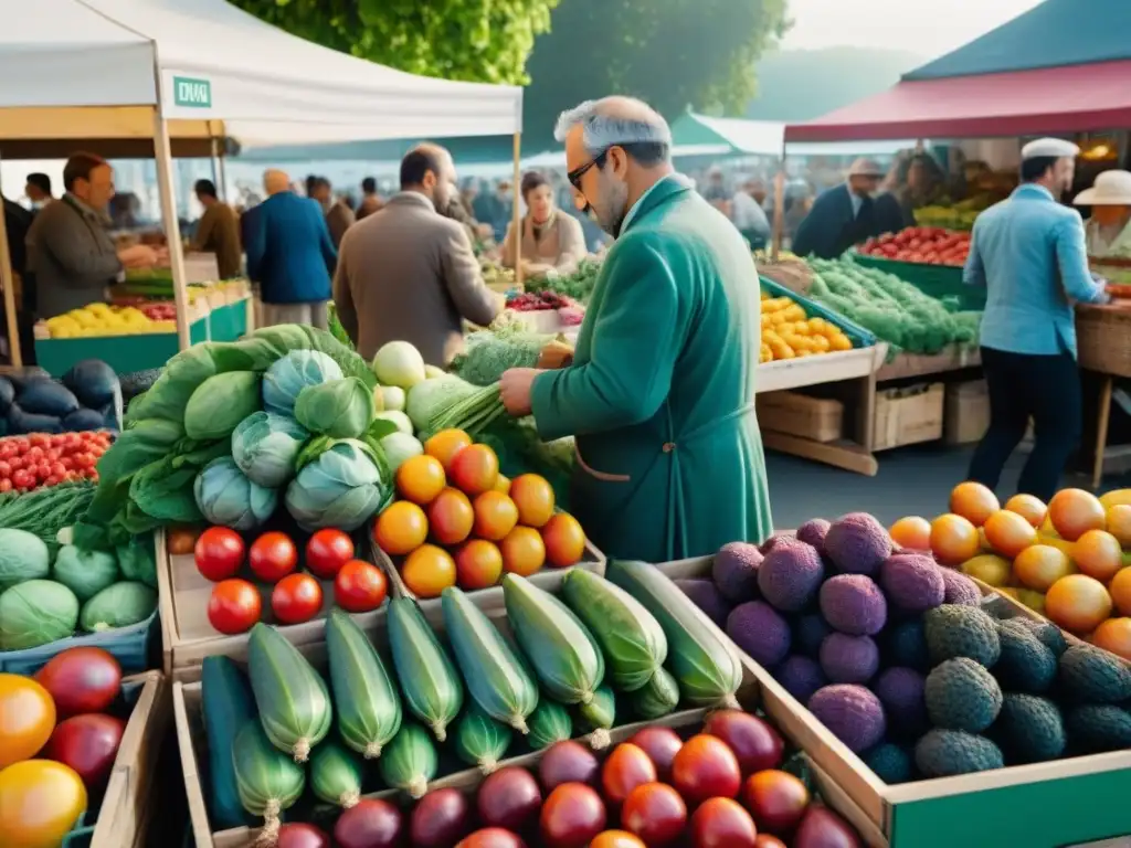 Un mercado bullicioso en Francia, con frutas y verduras de temporada, reflejando frescura y riqueza cultural