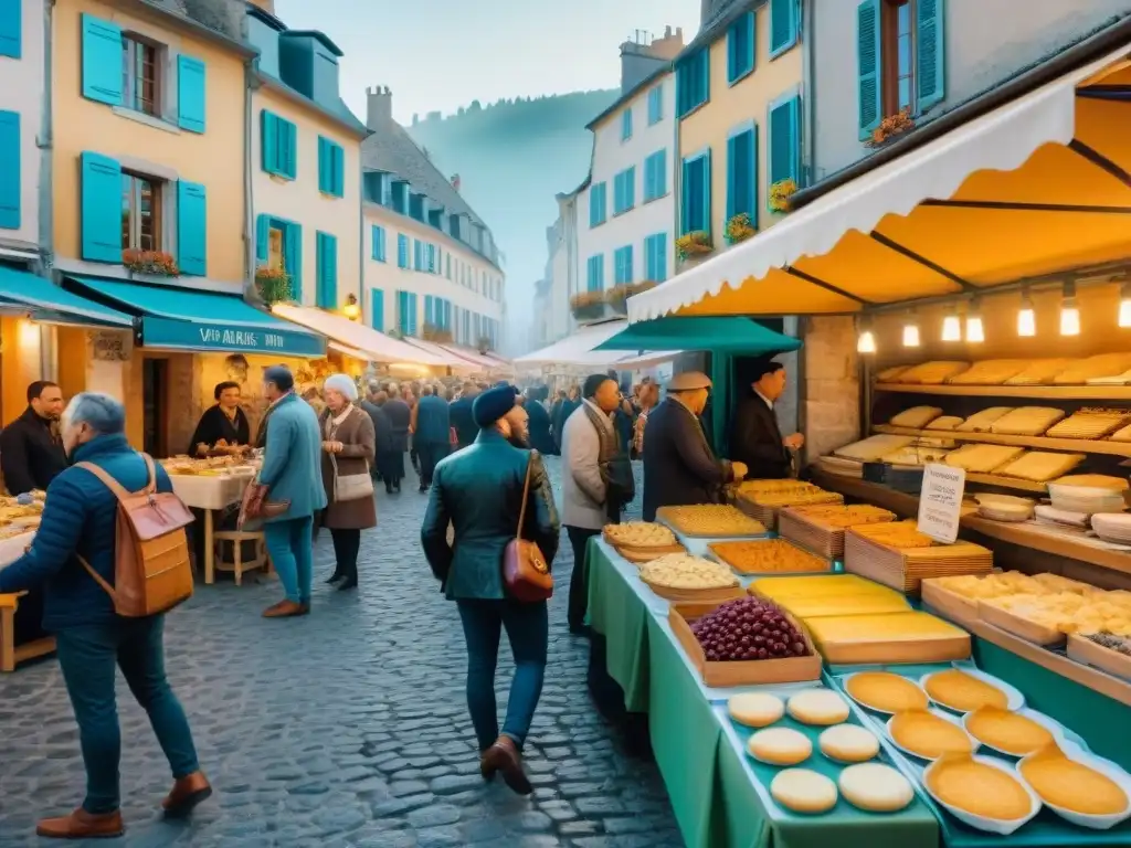 Mercado callejero en Bretaña: ¡Déjate seducir por los sabores franceses! Un mercado bullicioso en Bretaña, Francia, donde se ofrece gastronomía francesa