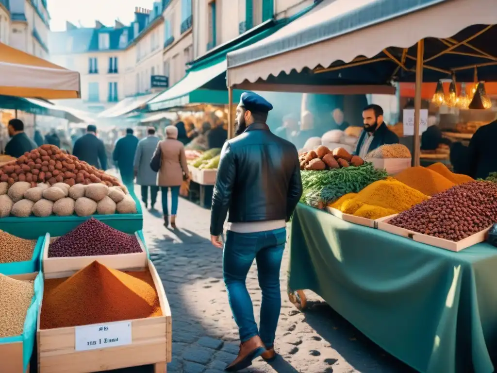 Un mercado bullicioso en París con influencia gastronomía árabe en Francia