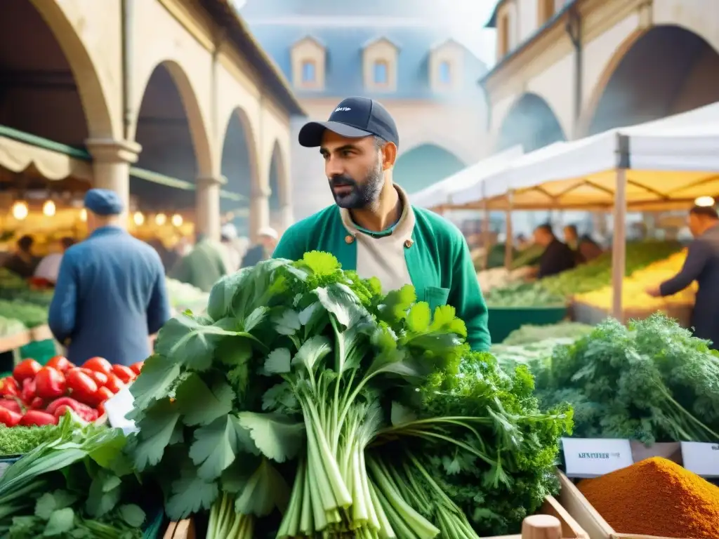 Un mercado bullicioso en Francia con influencia del cilantro, clientes examinan hierbas frescas