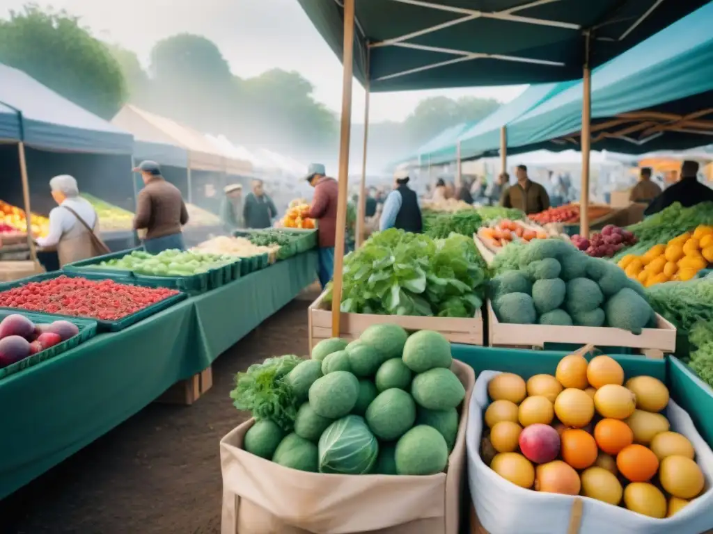 Un mercado agrícola bullicioso con ingredientes locales reduce huella carbono