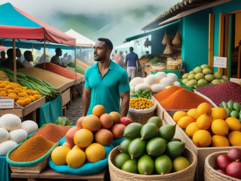 Mercado bullicioso de Guadalupe con ingredientes tradicionales y vibrantes colores que representan la cocina tradicional Guadalupe moderna