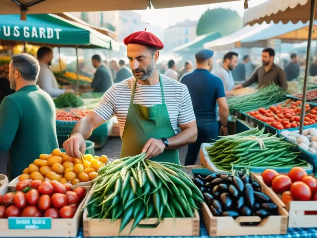 Un mercado bullicioso en Niza, Francia, lleno de colores vibrantes de productos frescos