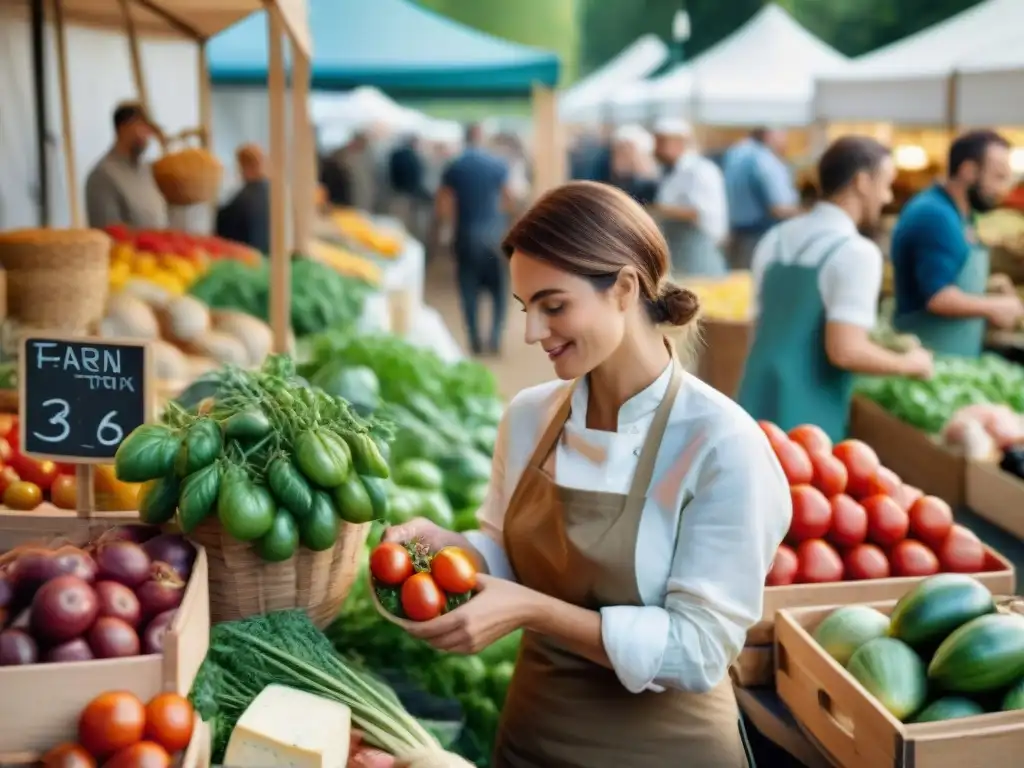 Un mercado agrícola francés bullicioso lleno de ingredientes sostenibles y coloridos