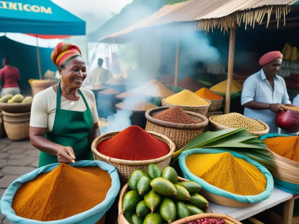 Un mercado bullicioso en Martinica con especias coloridas en cestas tejidas, una escena auténtica que destaca la gastronomía francesa