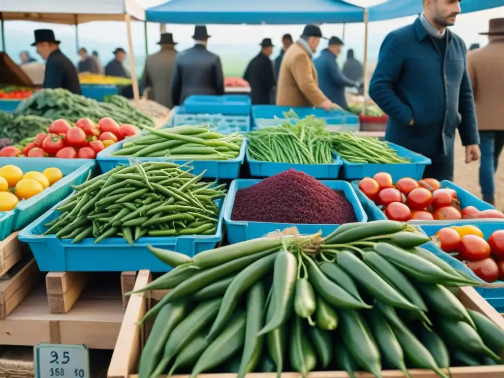 Un mercado bullicioso en Normandía con verduras frescas en cajas de madera bajo un cielo azul brillante