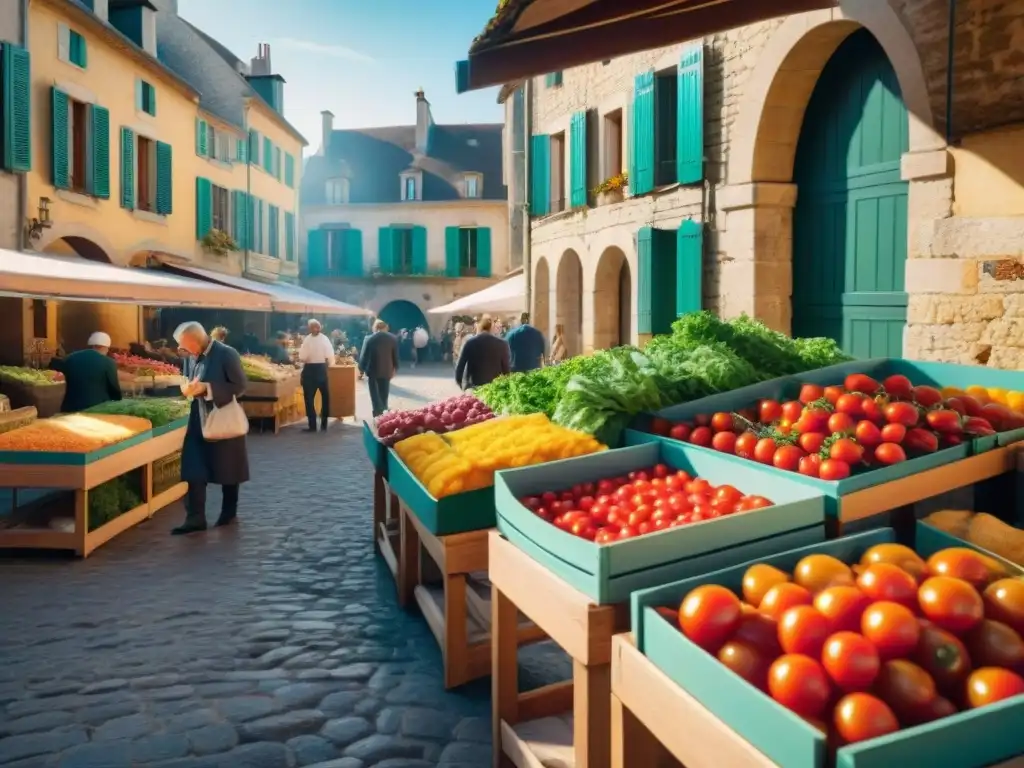 Un mercado bullicioso de un pintoresco pueblo francés, lleno de productos frescos y coloridos que evocan la rica cocina regional francesa