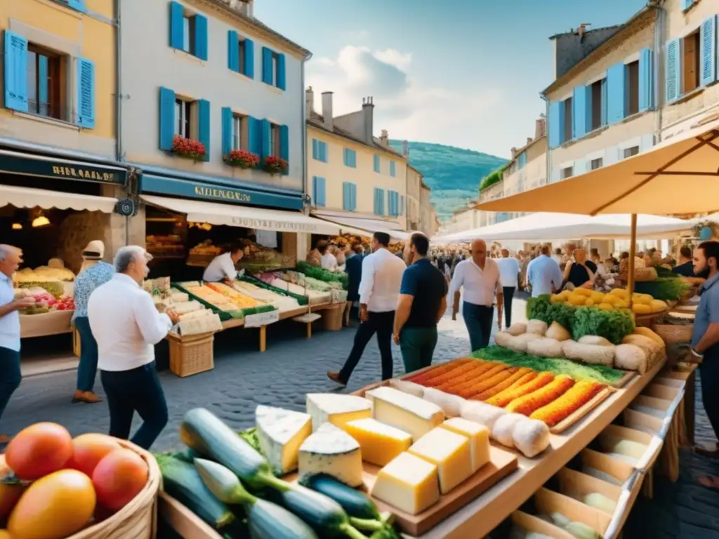 Un mercado bullicioso en un pintoresco pueblo del sur de Francia, con productos frescos, quesos locales y flores coloridas