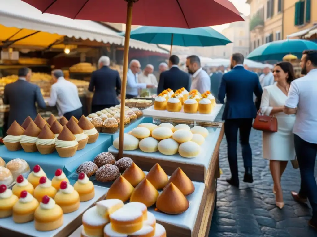 Un mercado bullicioso en Roma con postres italianos y la fusión de influencias culinarias italiana y francesa