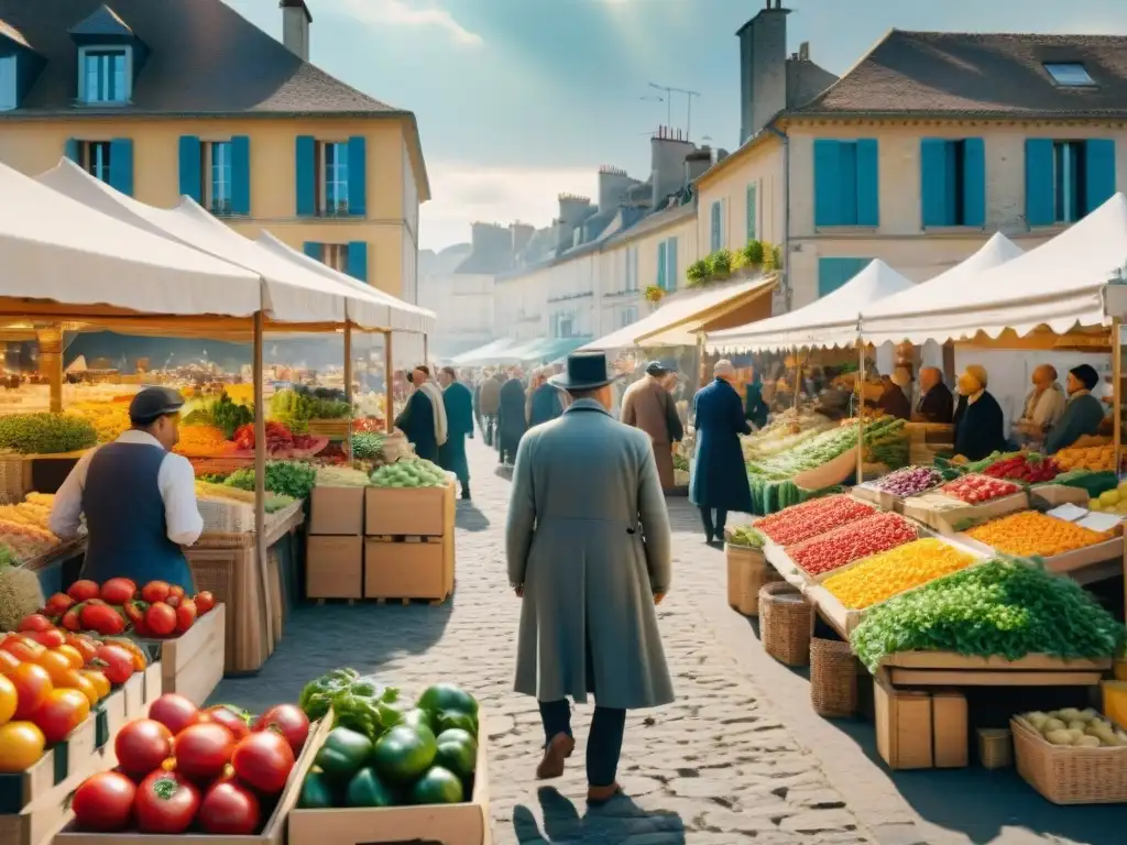 Un mercado agrícola francés bullicioso con productos frescos y coloridos, mostrando la esencia de la cocina sostenible estilo francés