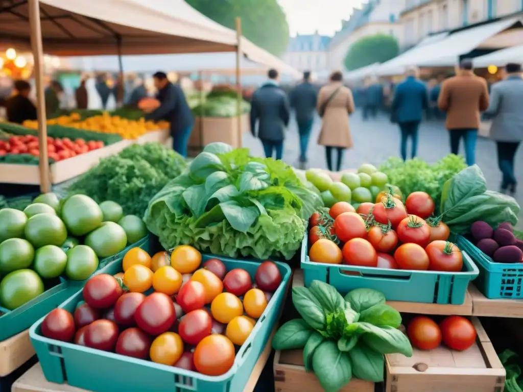 Un mercado bullicioso en París con productos frescos y coloridos, reflejando la importancia de los huertos urbanos en la gastronomía francesa