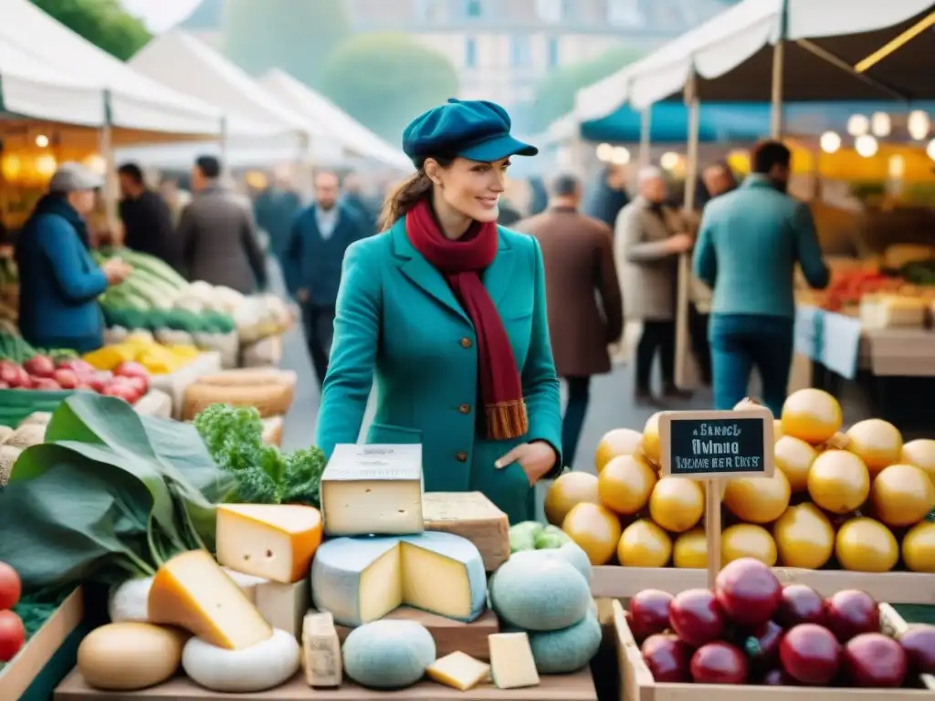 Un mercado agrícola bullicioso en Francia, con productos frescos y artesanales