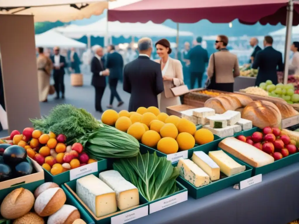 Un mercado bullicioso en Cannes, Francia, con productos frescos y coloridas flores bajo la cálida luz dorada del sol