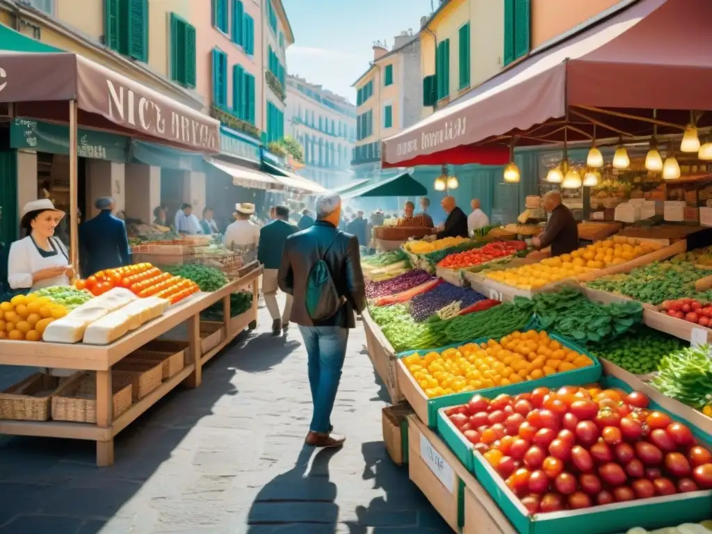 Un mercado bullicioso en Niza, Francia, con productos frescos y coloridos