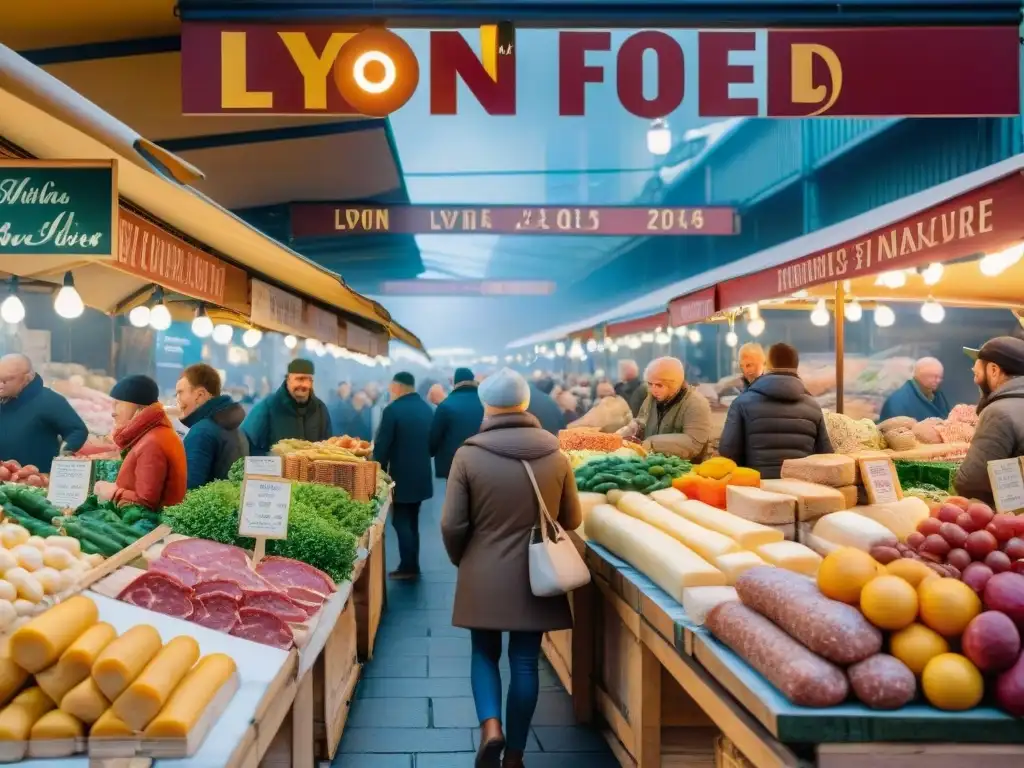 Un mercado bullicioso en Lyon, Francia, con productos frescos y quesos artesanales