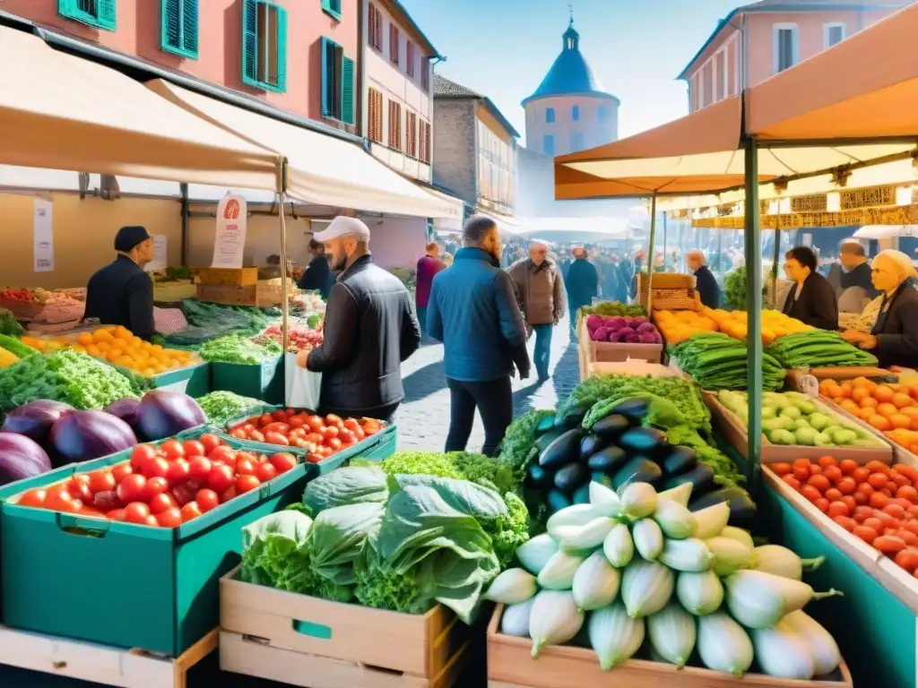 Mercado bullicioso en Toulouse, Francia, exhibiendo productos frescos y coloridos