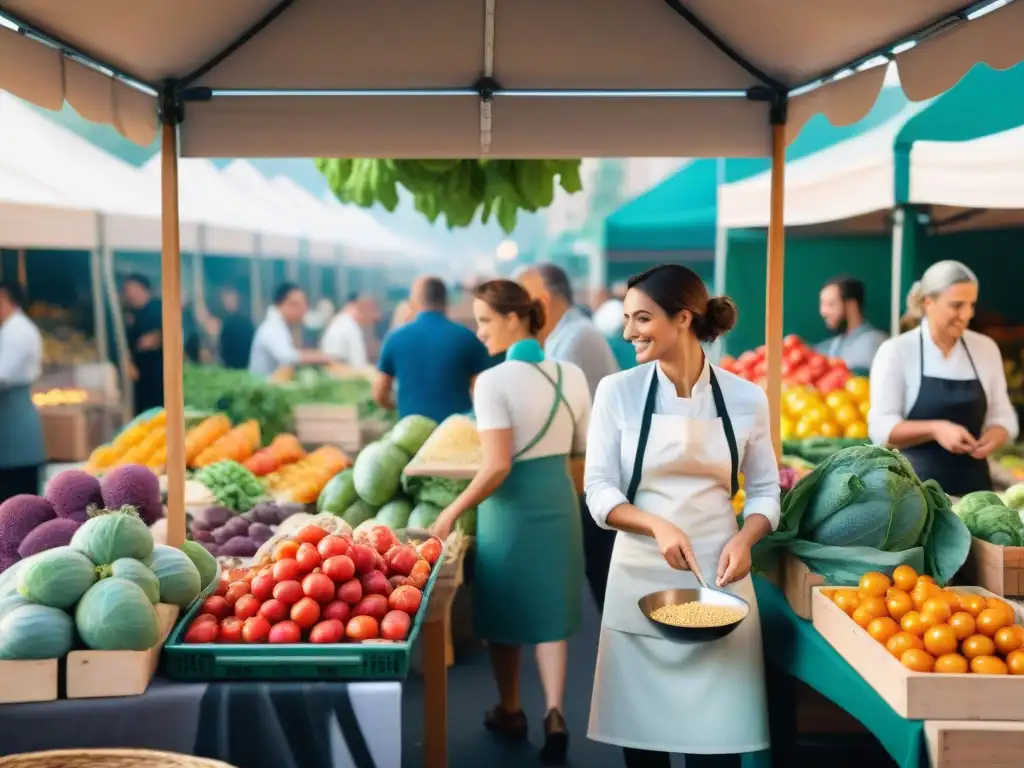 Un mercado bullicioso en París con productos frescos y chefs seleccionando ingredientes