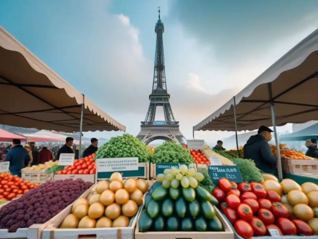 Un mercado bullicioso en Francia con productos frescos y la Torre Eiffel de fondo, reflejando la dieta francesa estilo de vida