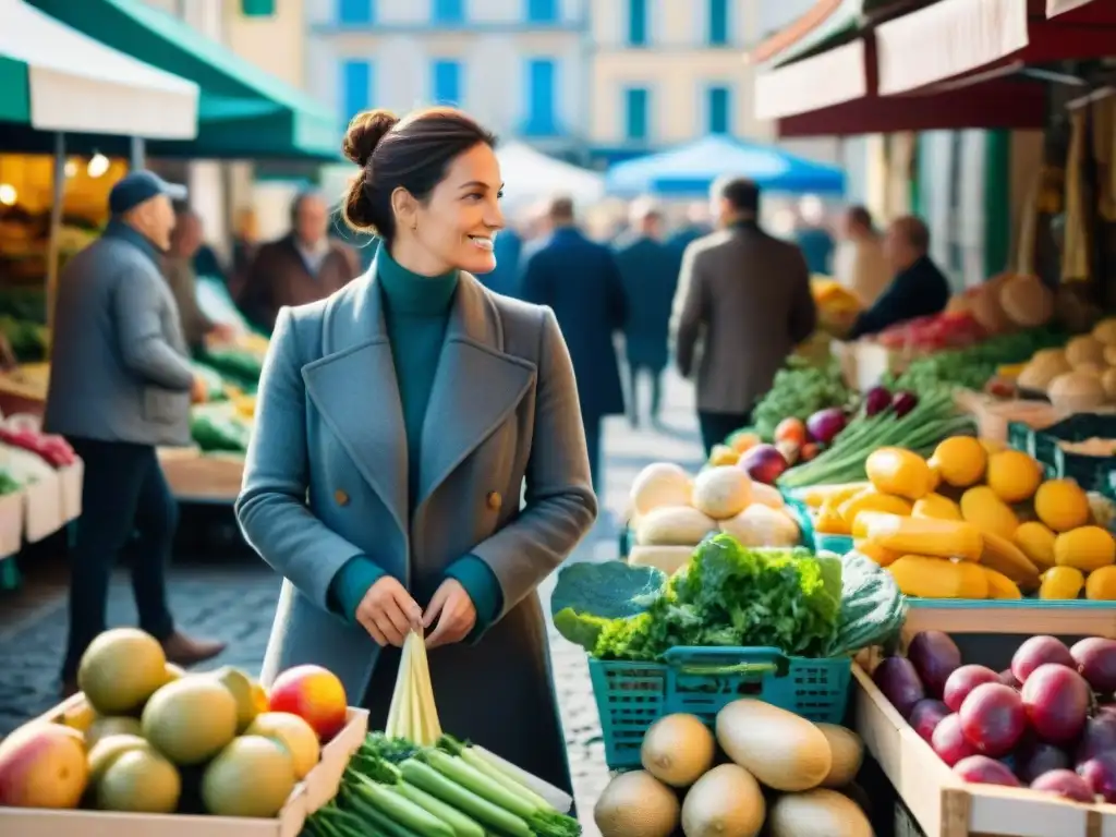 Un mercado bullicioso en Francia con productos frescos y locales, reflejando la vibrante y saludable dieta francesa estilo de vida