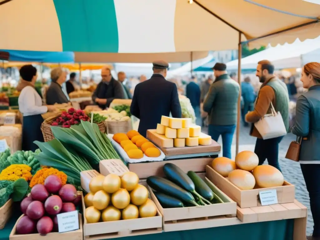 Un mercado agrícola bullicioso en Francia, mostrando productos frescos, quesos locales, pan artesanal y flores coloridas