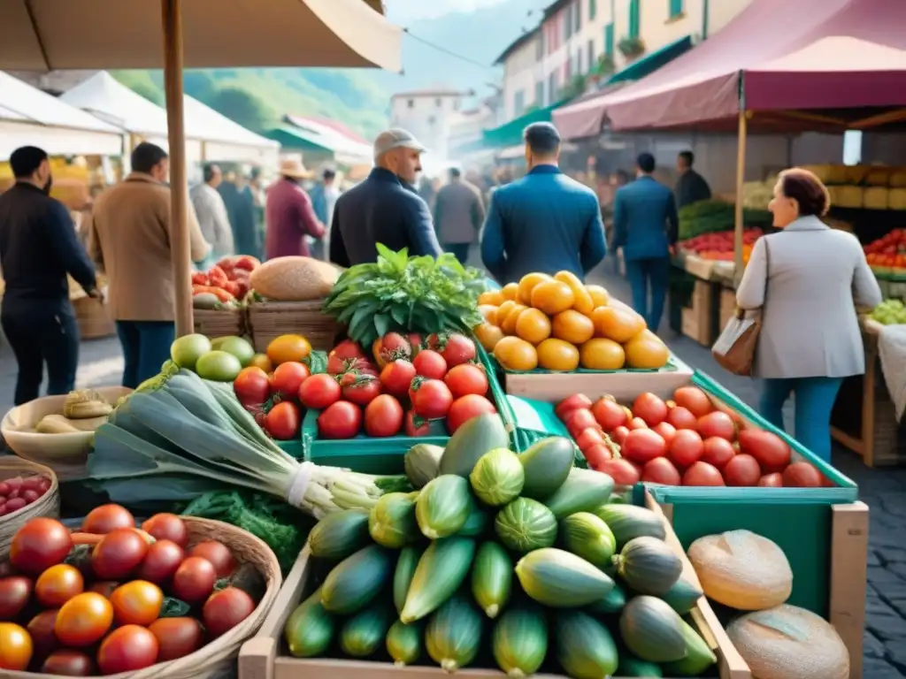 Un mercado bullicioso en Borgoña, Francia, con productos frescos y coloridos