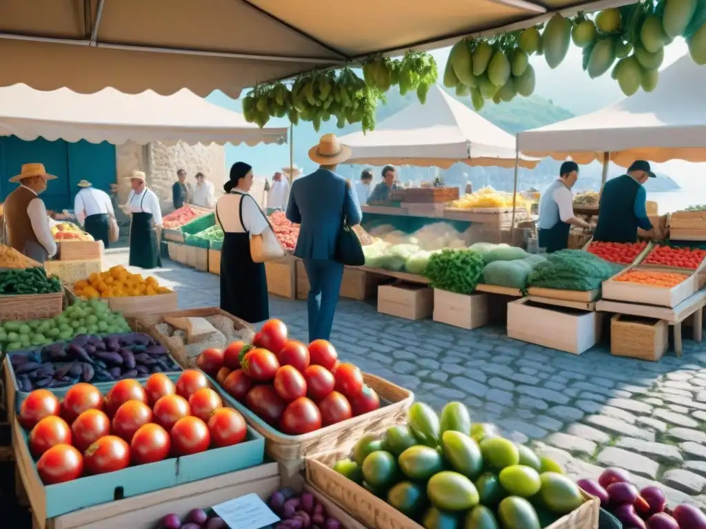 Un mercado bullicioso en Provenza, Francia, con colores vibrantes y productos frescos