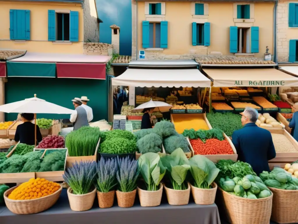 Un mercado bullicioso en Provenza con hierbas frescas, especias y productos locales