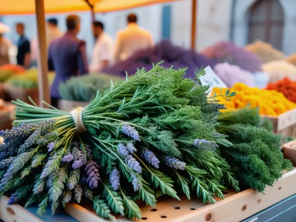 Un mercado bullicioso en Provenza, Francia, lleno de coloridos puestos con hierbas aromáticas como lavanda, tomillo y romero