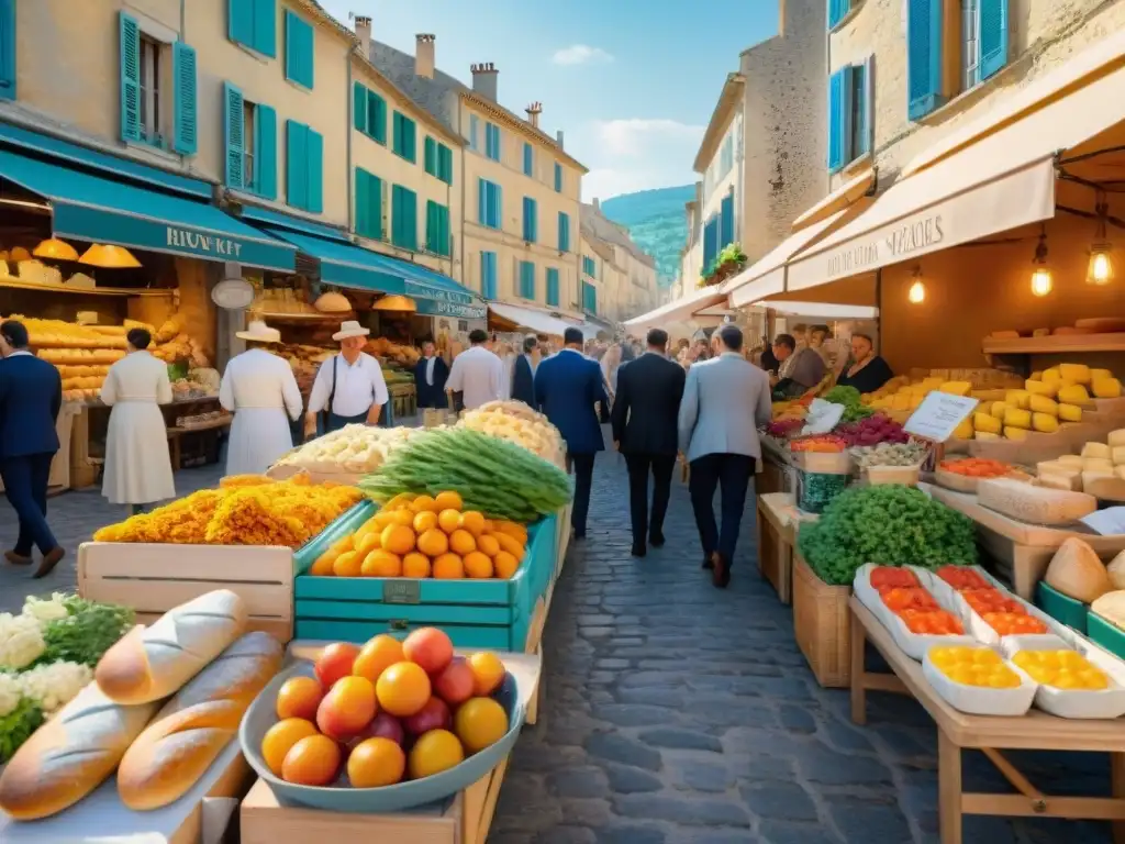 Un mercado bullicioso en Provenza, Francia, con productos frescos, flores coloridas y especialidades locales