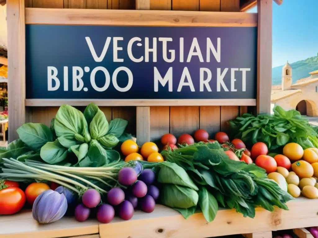 Un mercado bullicioso en Provenza con productos orgánicos y una señal rústica de 'Marché Bio', reflejando la gastronomía francesa y la cocina vegetariana y vegana