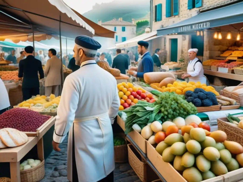 Un mercado bullicioso en Provenza, Francia, con productos locales y artesanos