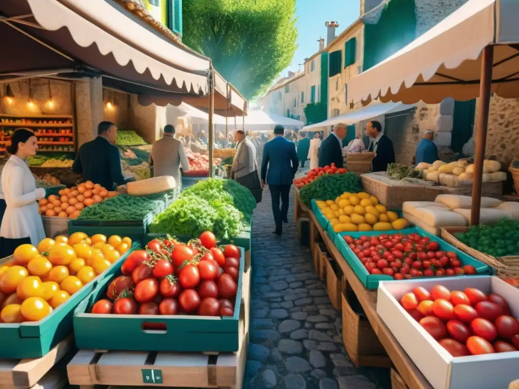 Un mercado bullicioso en Provenza, Francia, rebosante de ingredientes frescos como tomates maduros y quesos artesanales