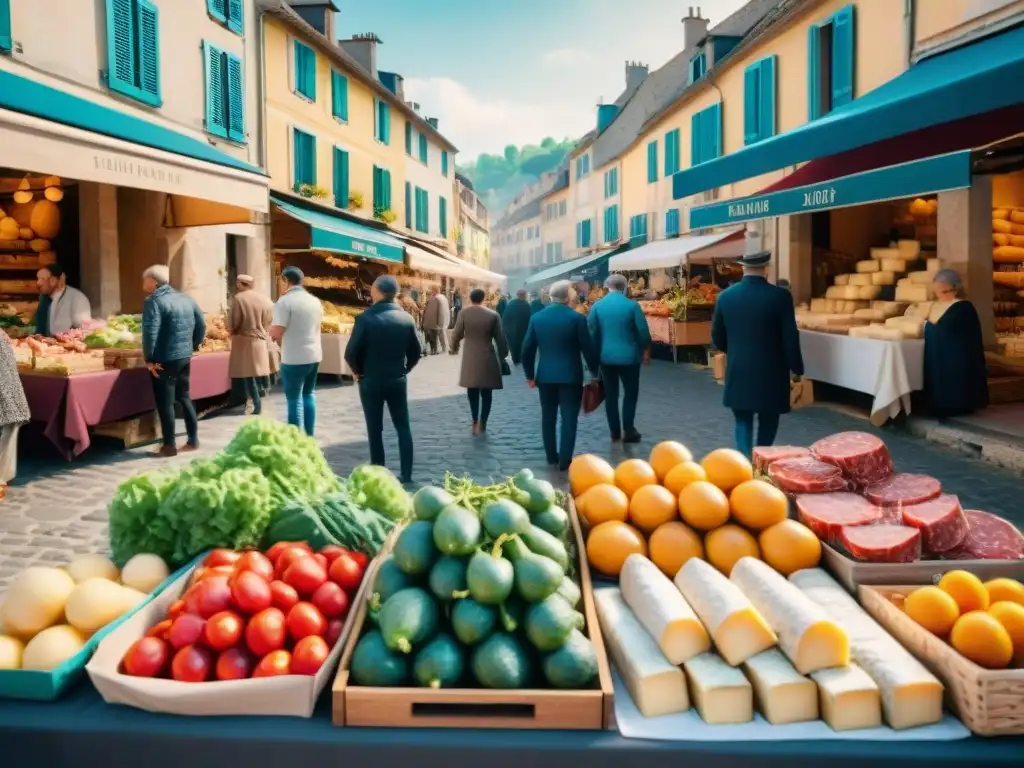 Un mercado bullicioso en un pueblo del suroeste de Francia, lleno de coloridos puestos de productos frescos y quesos artesanales