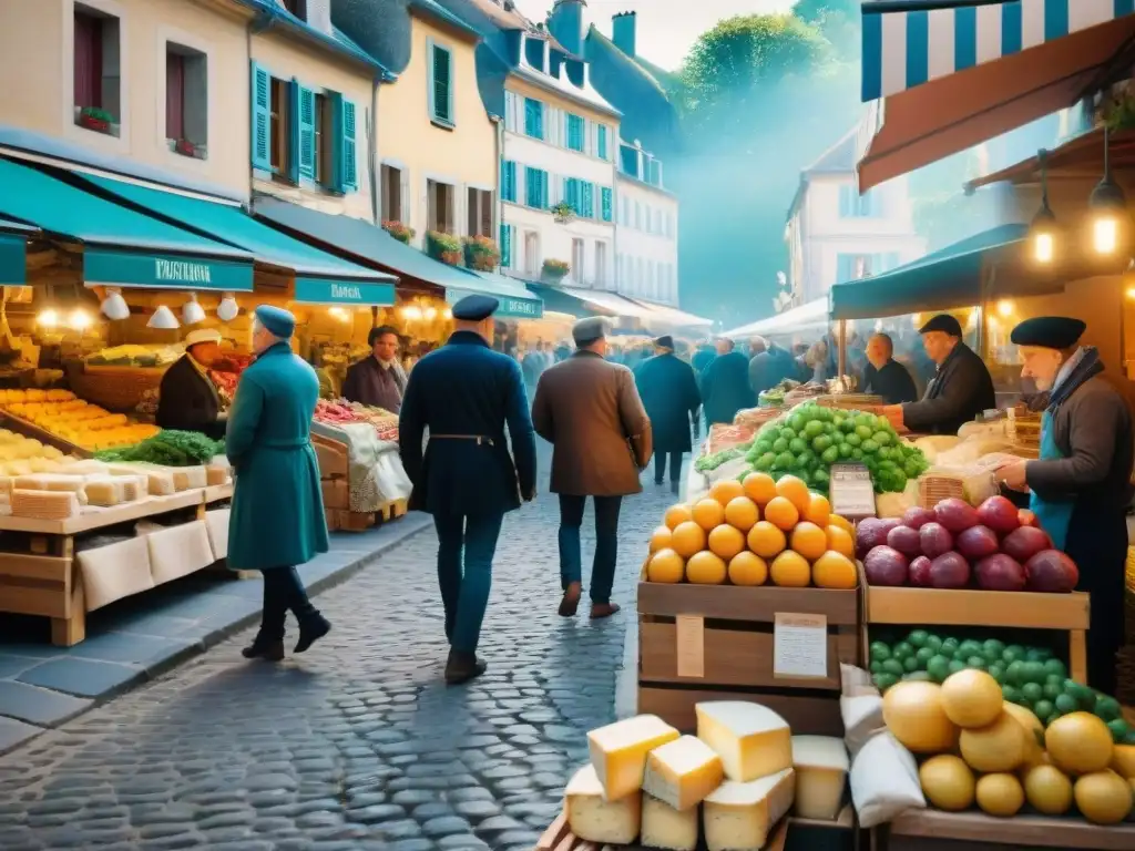 Un mercado bullicioso en Lorraine, Francia, con puestos de productos frescos y quesos artesanales