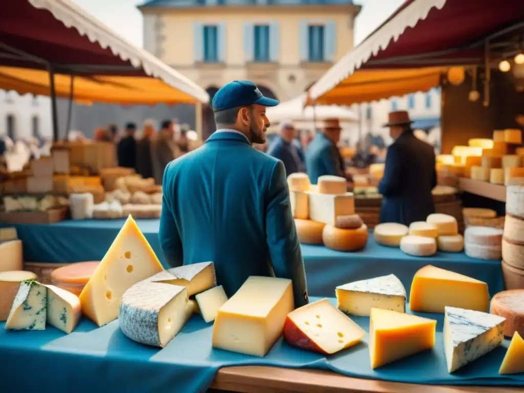 Un mercado bullicioso en Francia con quesos franceses en el extranjero