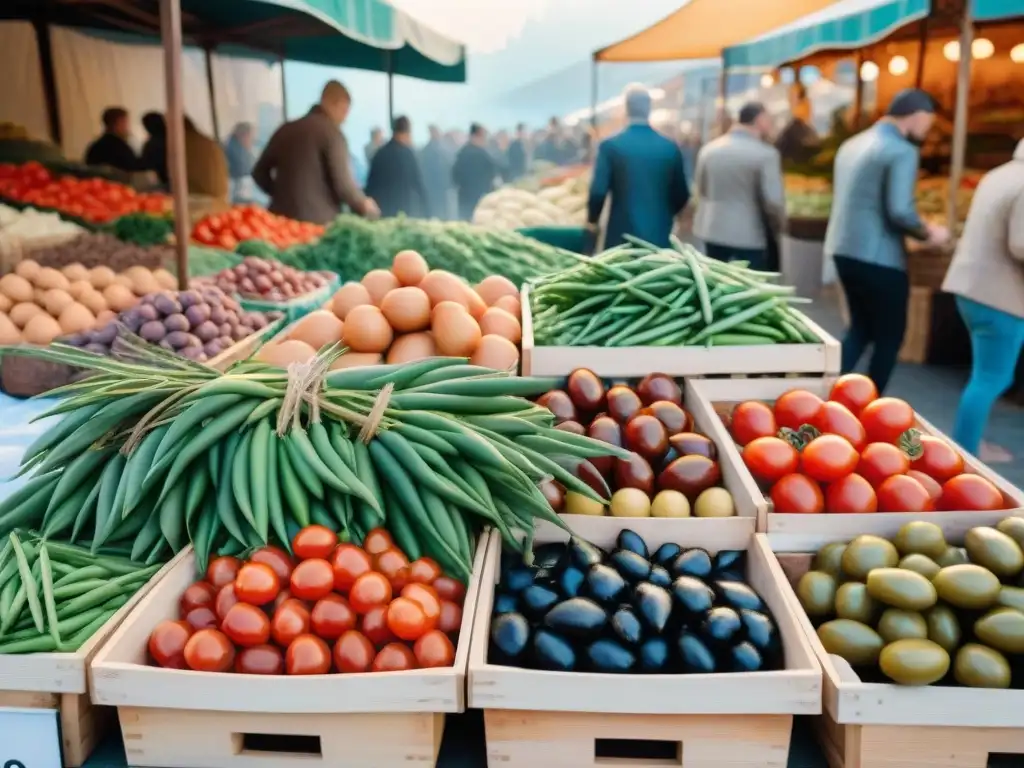 Un mercado bullicioso en Niza, Francia, exhibe una receta auténtica Salade Niçoise con ingredientes frescos y coloridos