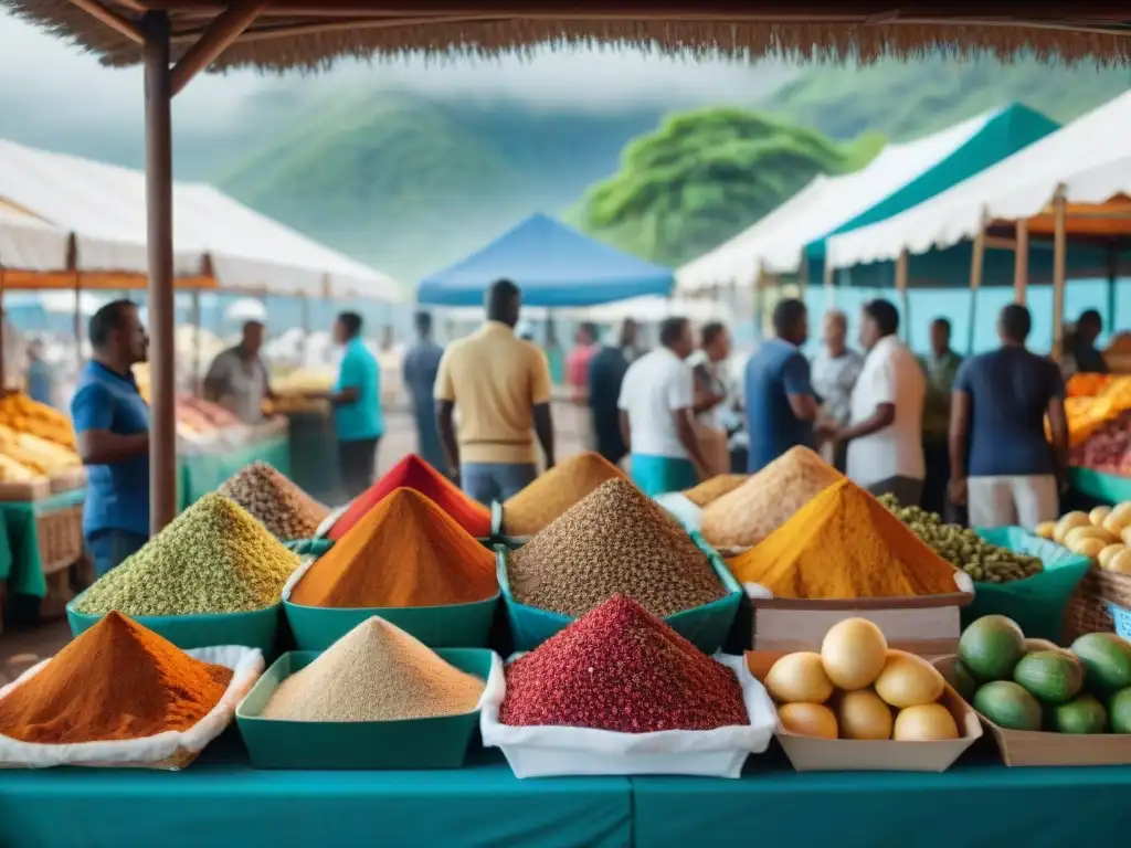 Un mercado bullicioso en Mayotte con recetas exóticas de gastronomía francesa, ingredientes vibrantes y locales curiosos