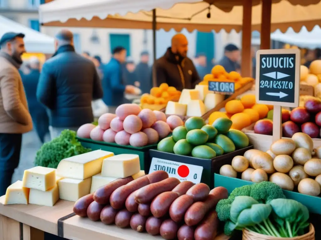 Un mercado bullicioso en Lyon, Francia, repleto de ingredientes clave de la gastronomía francesa recetas tradicionales